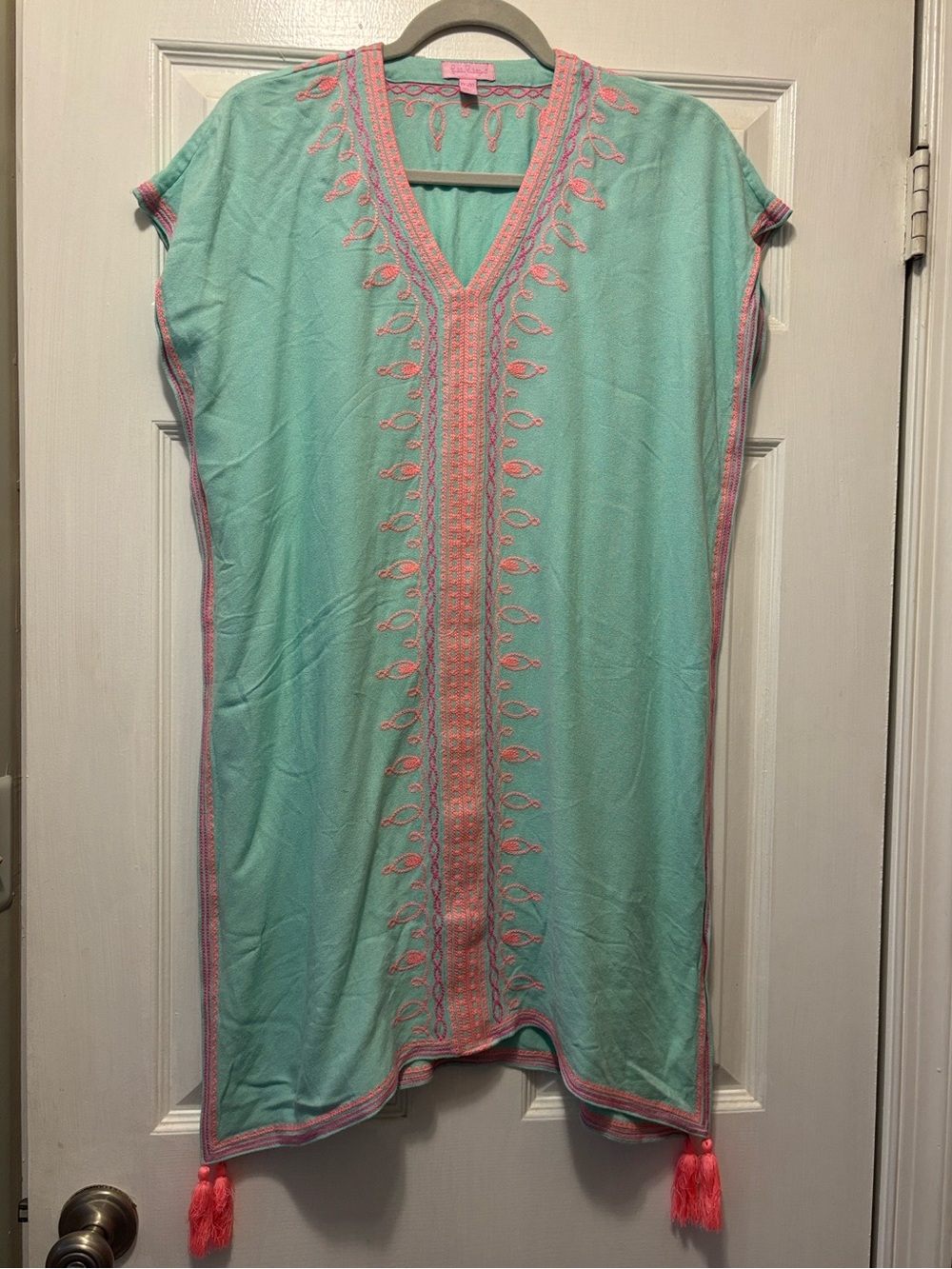 Lilly Pulitzer Seafoam Tunic with Pink and Coral Embroidery